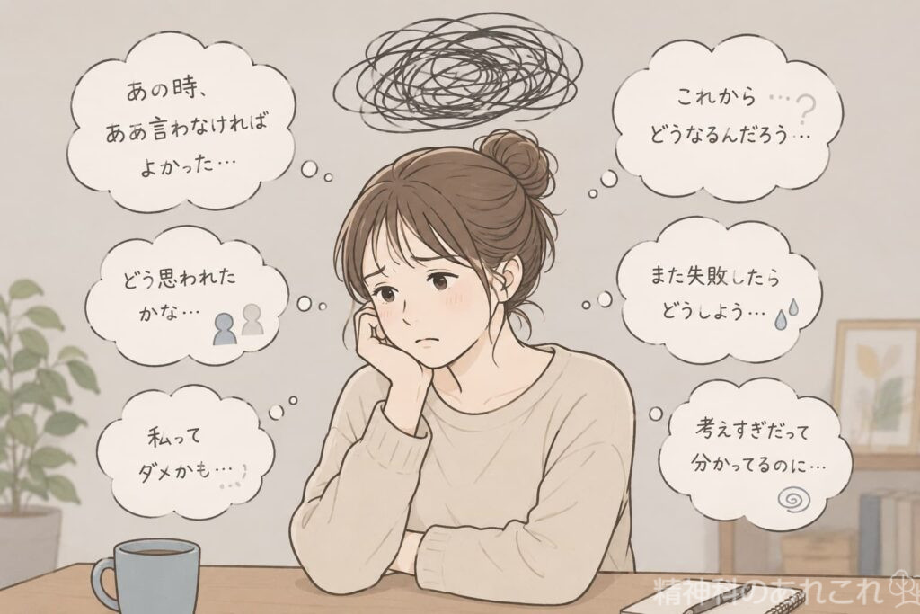 ぐるぐる思考で悩む女性の画像